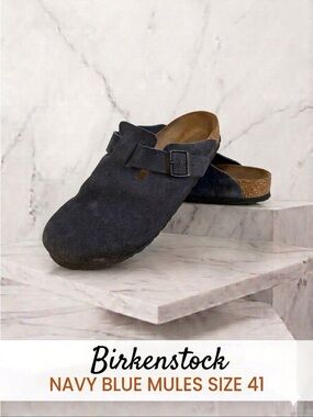 Birkenstock Navy Blue Suede Boston Clog Mules Size 41 Unisex